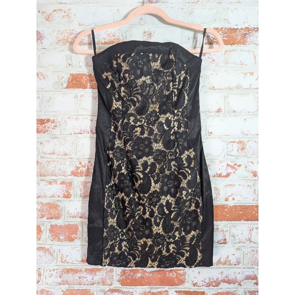 Vtg Cache Dress Womens 4 Black Strapless Satin Cocktail Party Evening Lace 474